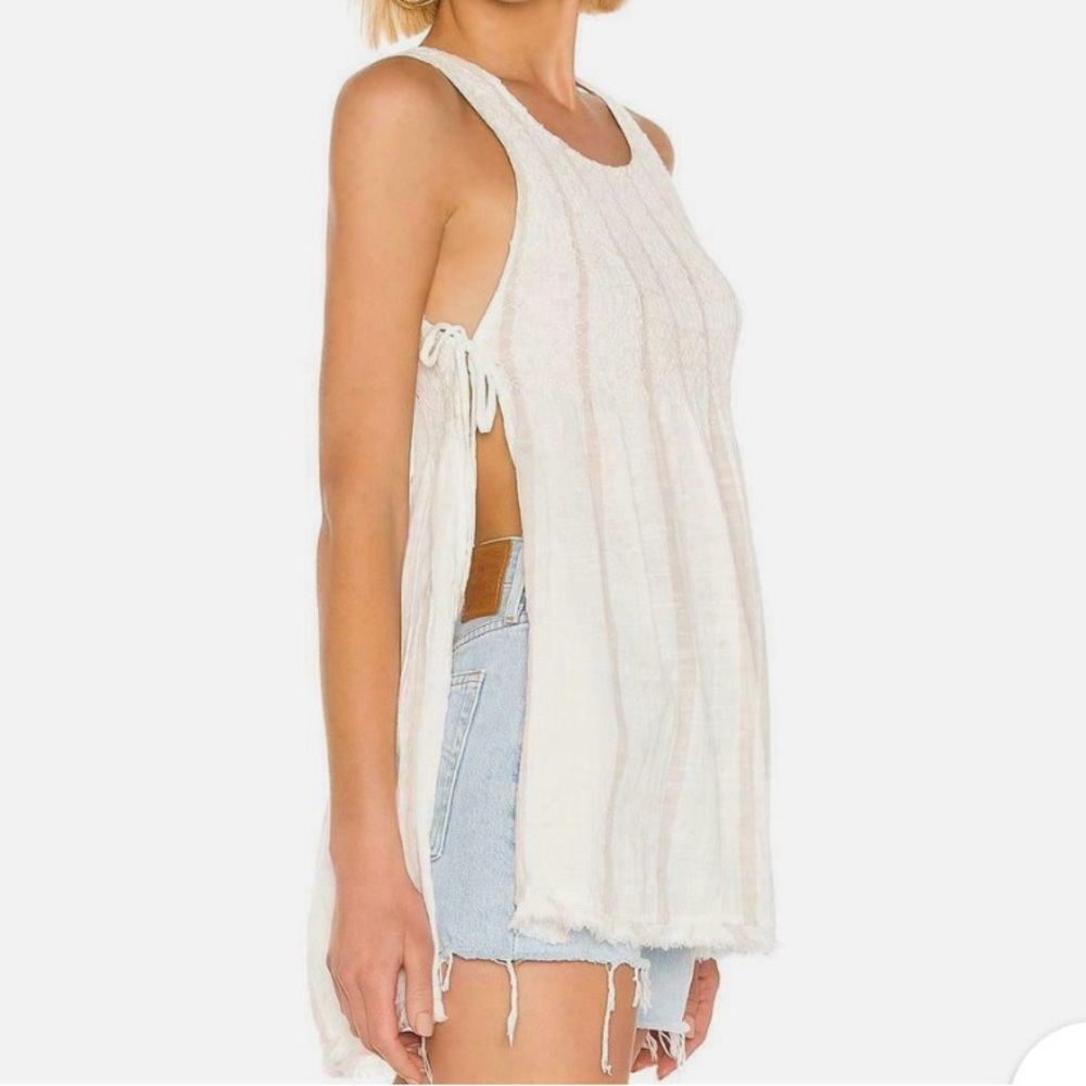 Free People Obi Posey Smocked Side Tie Tunic Tank Top Beige Stripe Boho XS